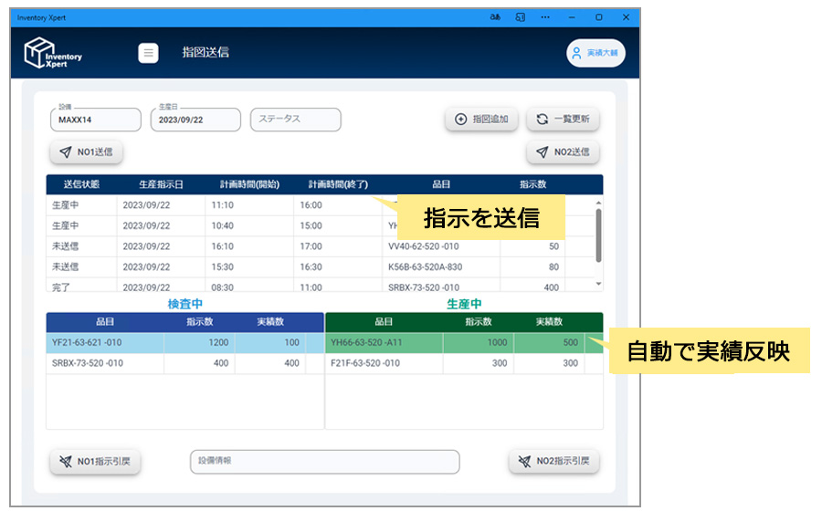 設備PLC連携画面。指示を送信。自動で実績反映。